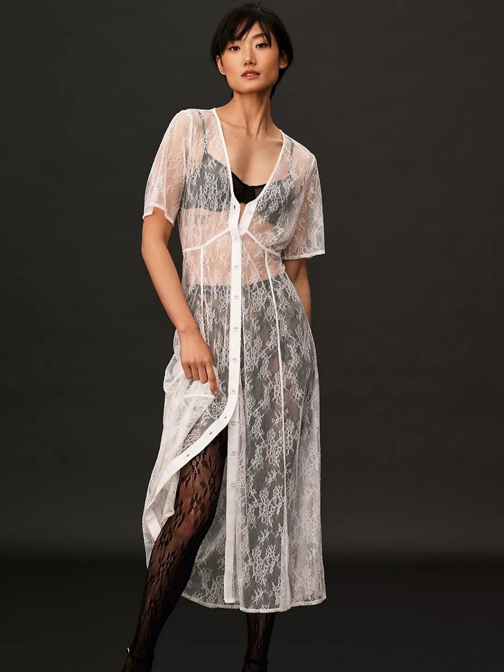 Anthroplogie Sheer Long Lace Button Front Dress Boho Ivory XS
